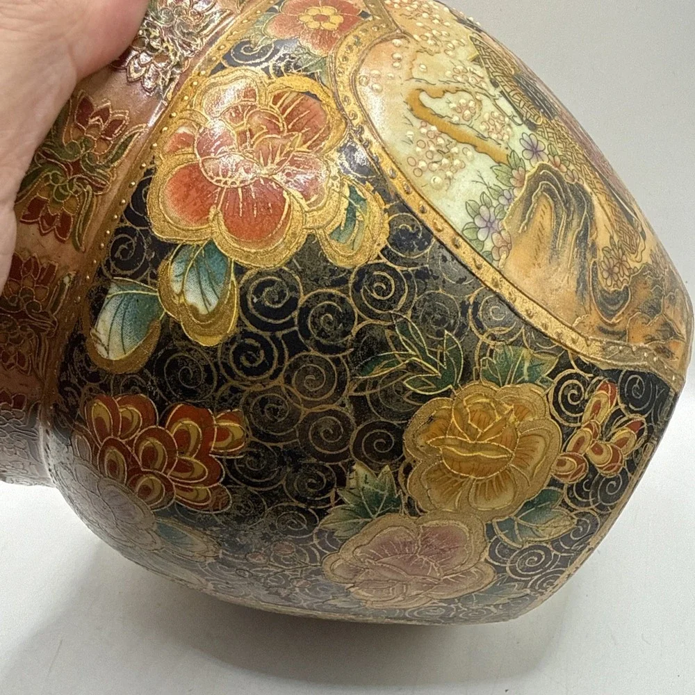 Vintage Satsuma Style Porcelain Fishbowl Planter Gold Trim5